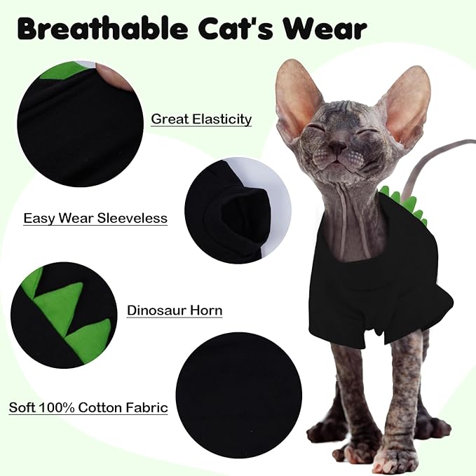 DENTRUN Sphynx Cat Clothes, Cute Dinosaur Design Hairless Cat Costume, Breathable Cotton Shirts Cat Clothes for Cats Only, Round Collar Kitten Daily T-Shirts with Sleeves, Cats Funny Cosplay Apparel