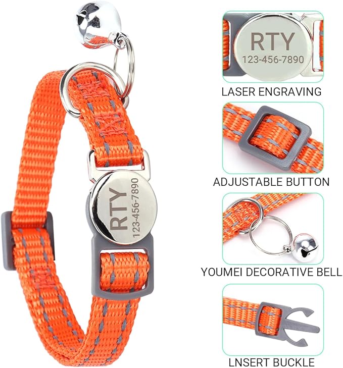 Personalized Cat Collar with Bell,Reflective Custom Engraved Name and Phone Number ID Tag for Cats Kittens & Puppies,Breakaway Safety Round Buckle|Reflective Adjustable Collars(7.5'' - 12'')