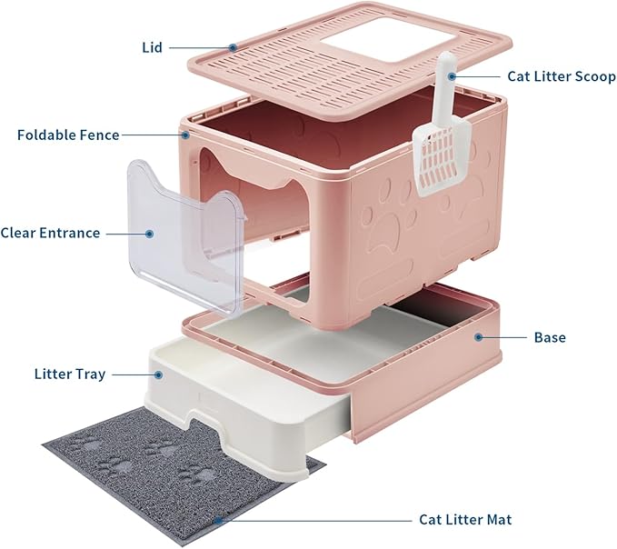 Medario Cat Litter Box with Litter Mat and Scoop, Large Covered Litter Box with Lid, Enclosed Kitty Box, Front Entry Top Exit, Odor Control, Easy to Clean (Pink)