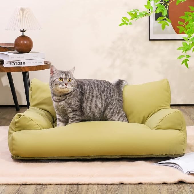 Pet Dog Cat Sofa and Chair PU Leather,Couch Soft Calming Pet Beds for Medium Small Cats and Dogs,Pet Furniture Cat Beds (Green, Medium)
