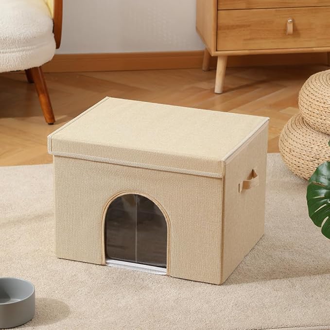 Large Collapsible Coconut Brown Pet House for Indoor Cats and Medium/Small Dogs with Plush Ball Toy – Foldable Living Room Ottoman Cat Condo(Khaki)