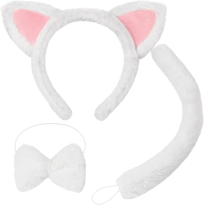 Cat Ears and Tail Set, White Cat Ears Headband with Bow tie, Furry Halloween Headband for Adults, Soft Animal Ears