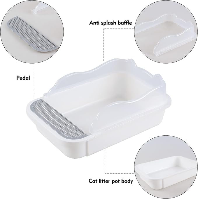 1-Pack Anti Splash Pet Litter Box with Frame, Open Top Cat Litter Box with Scoop, White