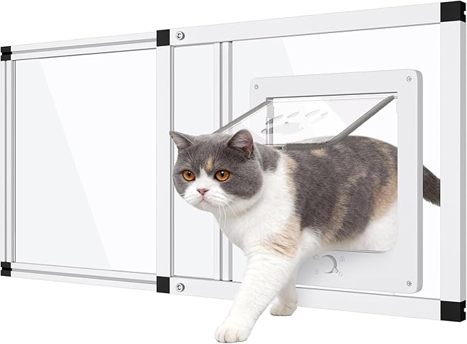 Extra Wide Sliding Cat Door for Window, Fits 37"-45" Width Window, 1-Min Install | Aluminum Frame + HD Glass | Weatherproof Design Window Cat Door Insert, Adjustable Pet Door Window for Cats