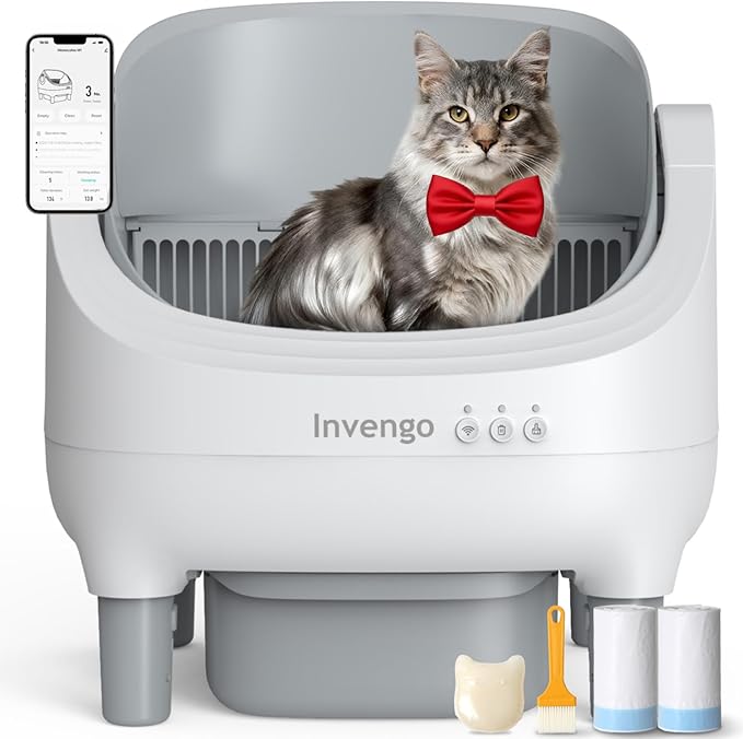 Invengo Automatic Cat Litter Box Self Cleaning, App Control, Open-Top Automatic Litter Box with Safety Sensors, Ultra-Quiet, 10.5L Waste Bin with Odor Control, 2 Rolls of Garbage Bags, Grey White