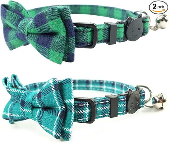 Pipidog Cat Collar Breakaway with Bell and Bow Tie, Plaid Design Adjustable Safety Kitty Kitten Collars(6.8-10.8in) (Green&Cyan Plaid)