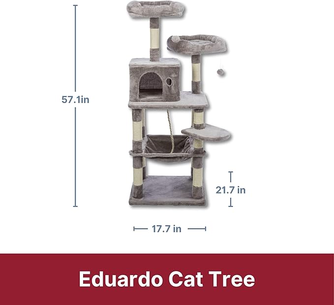Trixie 56.3" Eduardo Cat Tree, 4-Level Indoor Cat Furniture with Jute Scratching Posts, Plush Condo, Hammock & Platforms, Play Rope and Dangling Ball