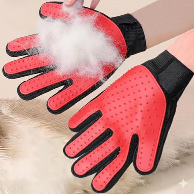 Pet Grooming Gloves, Deshedding Hair Removal Brush Mitt for Dogs and Cats, Black and Blue, Pair (Red)