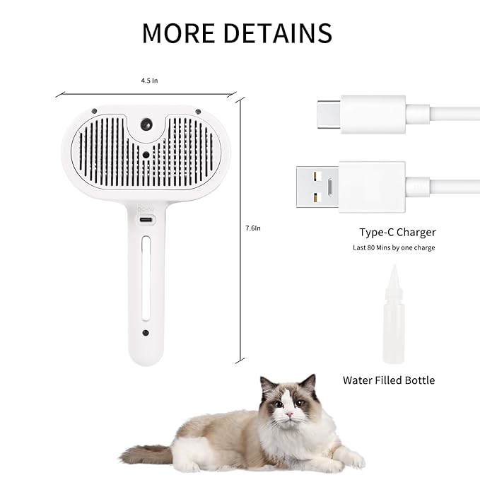 ORIGENCE Steam Brush for Long Haired Pets - Self Cleaning Grooming Tool for Cats and Dogs to Reduce Shedding, Static and Flying Fur, White