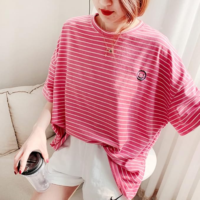 Matching Dog and Owner Clothes,Pink Striped Women Shirt Short Sleeve,Cotton Women Summer Shirt Crewneck,Casual Summer Tops Loose Fit(Owner S)