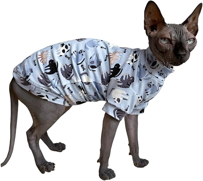 Limited Edition Sphynx Cat Cotton T-Shirts Hairless Cat Sweatshirt Pet Kitten Clothes Round Collar Kitten Shirts Vest Cats & Small Dogs Apparel (Cat Fishbone, S (3.3-4.4 lbs))