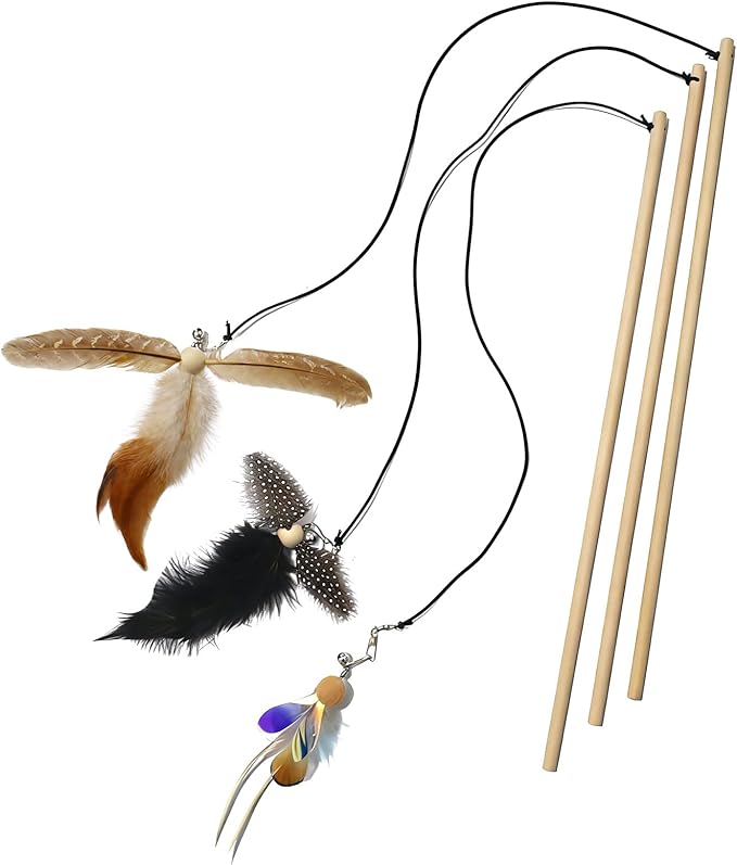 IUHKBH Cat Wand Toy, 3 Pack Feather Sticks with Bell Wooden Handle Interactive Teaser Toys for Indoor Cats Kittens Boredom Relief Exercise