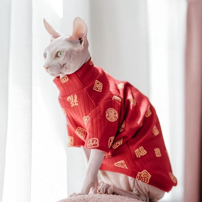 Traditional Culture Sphynx Hairless Cat Cotton T-Shirts Cat Clothes Pet Sweater Cat Vest Pet Clothes Kitten Shirts Cats & Small Dogs Apparel (Fu Means Lucky and Happy, XXL (13-15 lbs))