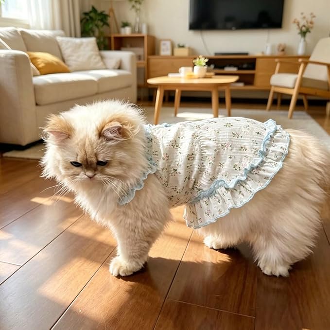 Dog Cat Cooling Summer Dress with D-Ring, Ice Silk Mesh Breathable Pet Clothes, Anti-UV Mosquito Proof, High Elastic Ruffle Dress & Half Belly Cover for Small Dogs Cats(Sky Blue, Small)