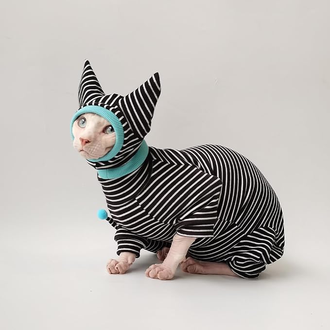 Hairless Cat Clothes, Cat Jumpsuit with Stripes 4 Legged Pajamas, Sphinx Clothing, Cat Apparel for Cats, Pet Onesies, Striped Cat Clothing with Hat and Tail Cover Set (X-Small, Full Set)