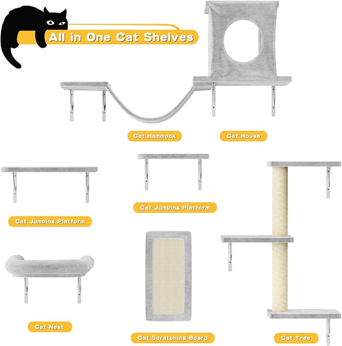 NUNU LAB Cat Wall Shelves, 6 Pcs Luxury Wall-Mounted Cat Climber Set, Indoor Cat Furniture with 1 Condos House, 2 Cat Wall Shelves, 1 Scratching, 1 Bridge Ladder, 1 Scratching Pad, Silver Grey