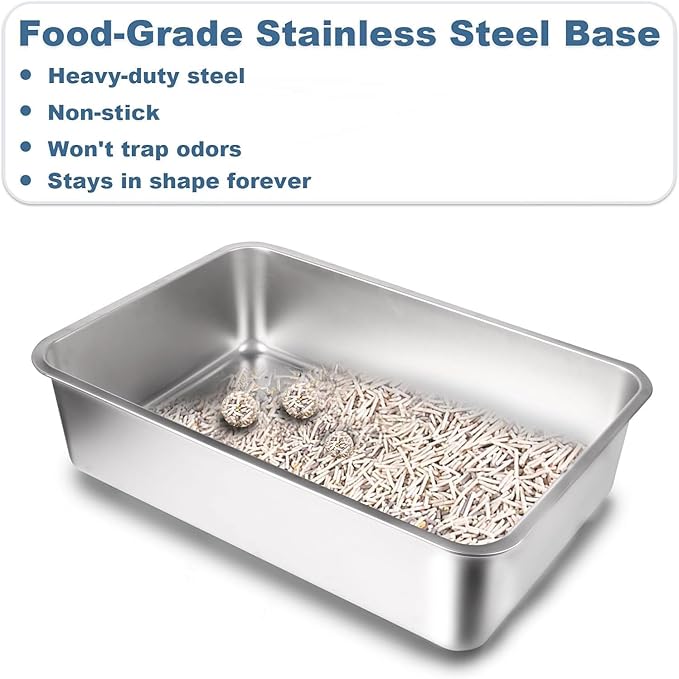2 Pack Stainless Steel Cat Litter Box with Lid - XL Extra Large Enclosed Metal Litter Pan for Big Cats, High Sided Non-Stick Odor Resistant Anti-Urine Leakage, Easy Clean with Scoop & Mat, Gray/White