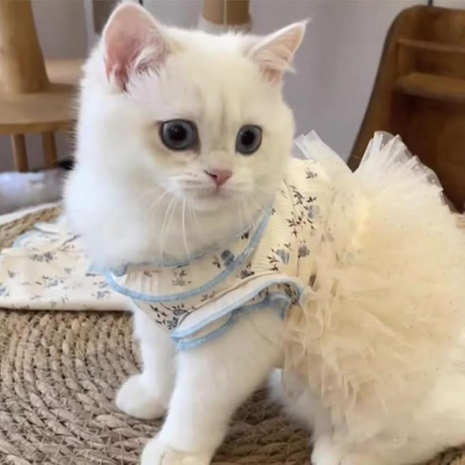Summer Pet Dress for Small Dogs Cats, Ice Silk Cotton Floral Print Tutu Skirt with Built-in D-Ring, Breathable Sleeveless Puppy Kitten Outfit for Daily Walk and Photo (Blue-Tutu, X-Small)