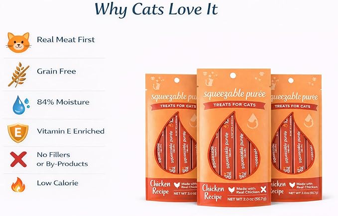 Lickable Cat Treats Squeezable Chicken Puree Tubes (12 x 0.5oz) | Grain Free Creamy Wet Treats for Picky Eaters Kittens Adults High Protein Moisture Rich Food Topper Bonding Snack