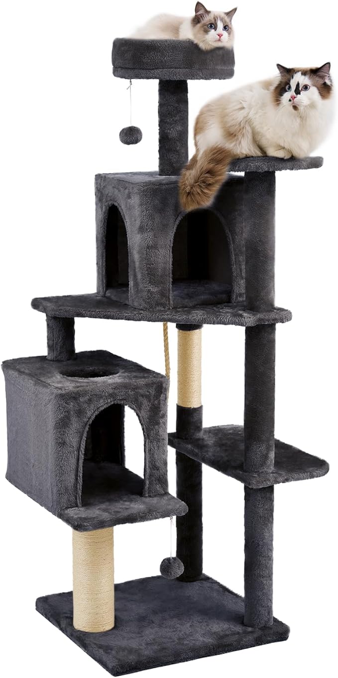 Large Cat Tree, 57.8" Tall, Dark Grey, Multi-Level Cat Furniture with Condos, Scratching Posts, Beds, Pompoms, Sisal Rope, Indoor, Durable