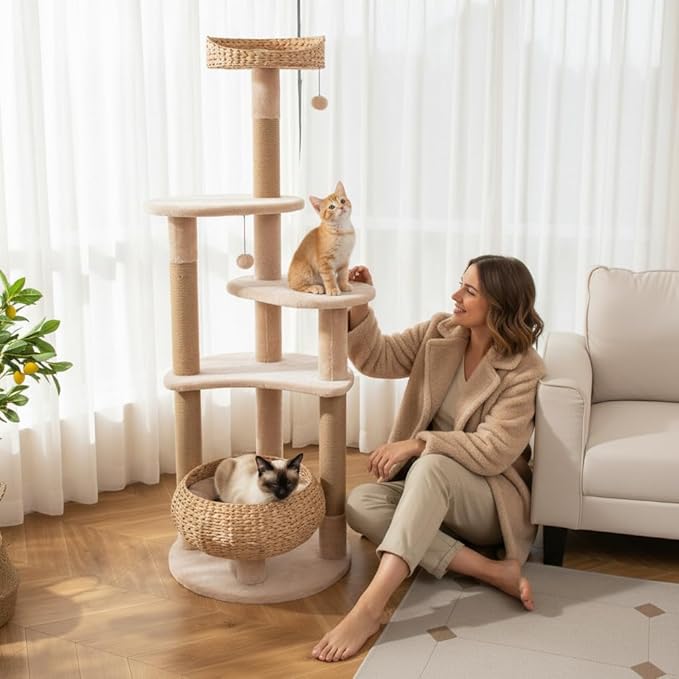 Tangkula Modern Cat Tree, 65 Inch Tall Cat Tower with Jute Scratching Posts, Dangling Balls, Cattail Basket Bed & Top Perch, Removable & Washable Cushions, Aesthetic Cat Tree for Indoor Cats