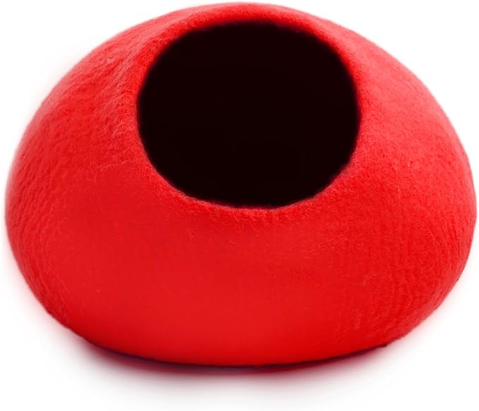 Woolygon Premium Felt Cat Cave Bed – Wool Kitty Beds Handcrafted Kitten Caves Bed for Indoor Cats - Made from Merino Wool, Foldable Cat Hideaway Covered Cat House Pod (Red Plain)