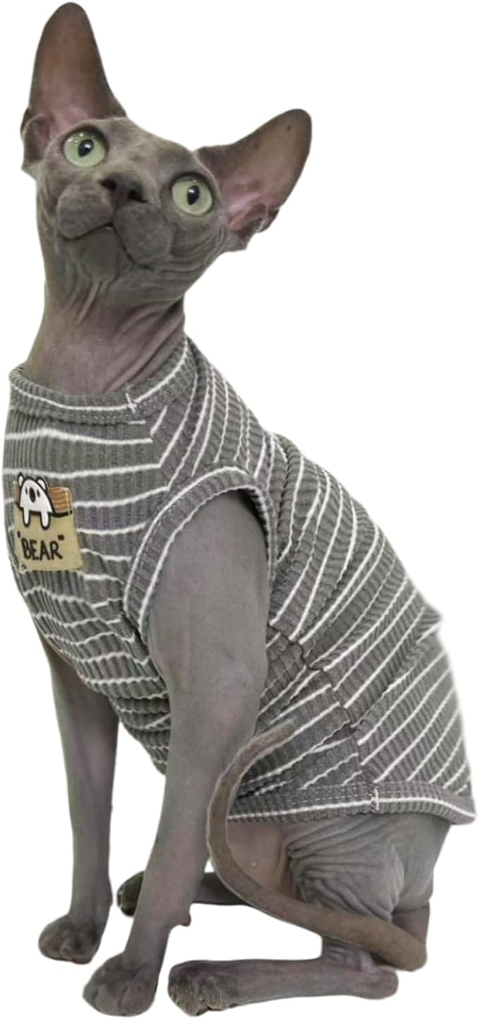 Sphynx Cat Clothes Vest for Hairless Cat, Rib Knit Stripe Cats T-Shirt Apparel, Kitten Summer Cotton Shirts Sleeveless for Cornish Rex, Devon Rex, Peterbald (Grey, S (3.5-5 lbs))