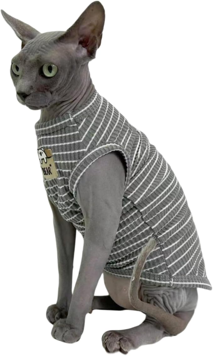 Sphynx Cat Clothes Vest for Hairless Cat, Rib Knit Stripe Cats T-Shirt Apparel, Kitten Summer Cotton Shirts Sleeveless for Cornish Rex, Devon Rex, Peterbald (Grey, XL (10-14 lbs))