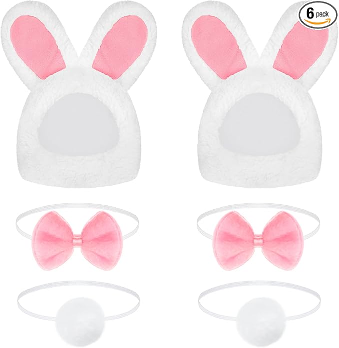 6 Pieces Easter Cute Costume Bunny Rabbit Hat with Ears Cat Bowtie Collar Tail for Cats and Small Dogs Party Costume Easter Pet Accessory Headwear