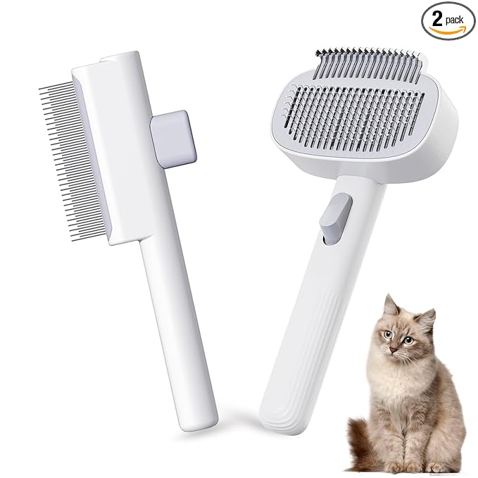 Pet Grooming Combo with Release Button - 2-in-1 Pet Detangling Brush and Cat Dematting Comb with Long & Short Stainless Steel Metal Teeth Easy to Remove Loose Undercoat,Matted Fur & Tangles