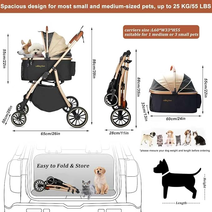 MILA&LOUIS Dog Stroller, 24" Pet Cradle, Large PU Wear-Resistant Wheels, Cat Stroller for Small & Medium 55 lbs, Lightweight Pet Stroller, Detachable Aluminum Cradle, Cup Holder, Hook & Rain Cover