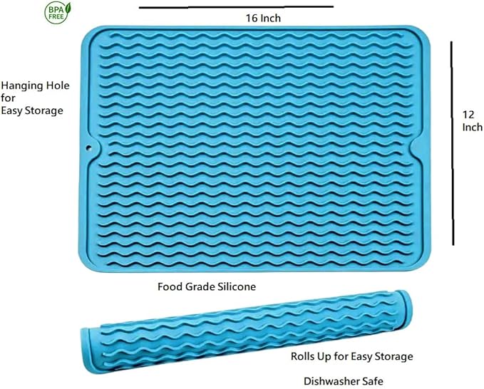 Silicone Pet Feeding Mat for Dogs, Cats, Small Animals, Non-Slip Waterproof Food and Water Mat with Raised Edge, BPA-Free Convenient Hook Storage by Dependable Industries (Sky Blue, 12 x 16 inch)
