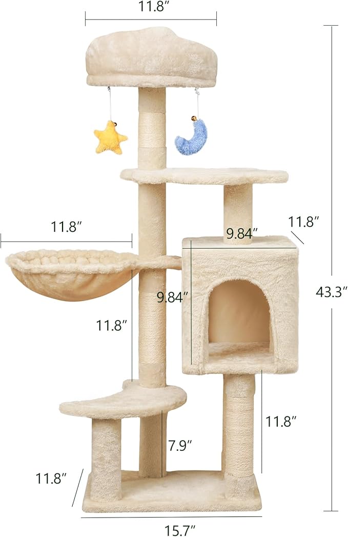 Meecal 43-Inch Cat Tree,Cute Cloud Cat Tree for Kittens & Small Cats Under 6 Months 9lbs, Cat Tower with Scratching Post, Double Condos, Plush Hammock & Dangling Toys, Beige