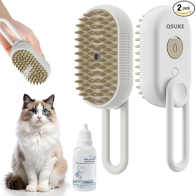 Cat Steam Brush, 3 in 1 Pet Steam Cats Brushes Rechargeable Anti-Static Grooming Brushe, Vibration Massage Cleaning Shedding & Combing Multifunctional Hair Removal Comb for Cats Dog (White)