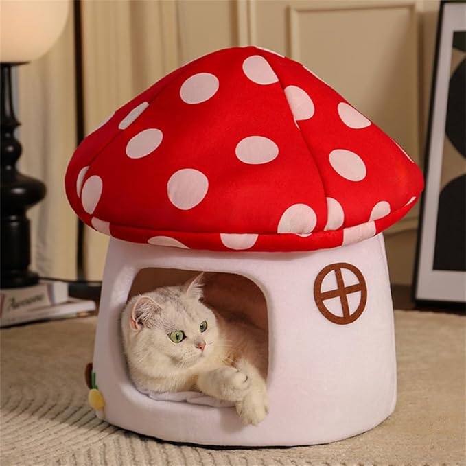 LYFJMUS Mushroom Cat Bed Chocolate Cookie Cat Beds for Indoor Cats Mushroom Cow Shape Cat Cave Bed Cat Tent with Removable & Washable Cushion Pillow Cat House Bed for Cats Small Dogs ﻿