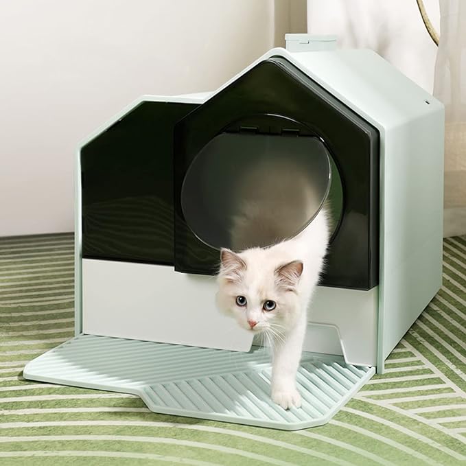 Cat Litter Tray Cats Litter Box with Front Entry/Exit XXL Extra Large Space Toilet Boxes with Drawer Type Cat Litter Tray and Pet Litter Shovel,Prevent Leakage (Color : Green)