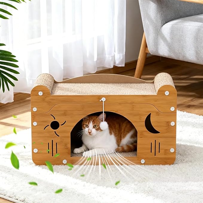Wooden Cat Scratching House: 3-in-1 Cave, Bed, and Toy Hideaway - – Durable Indoor Hideaway Furniture for Cats & Kittens