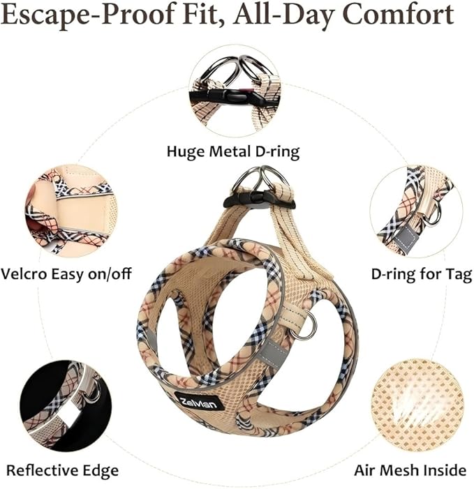 Cat Harness and Leash Set for Walking, Escape Proof Adjustable Soft Mesh Kitten Harness with Reflective Strips, Breathable No-Choke Pet Vest for Large Cats or Small Dogs(Beige,L)