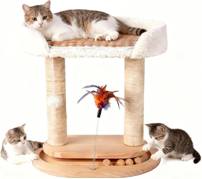 5-in-1 Small Wooden Cat Tree Tower,16.5''H Natural Sisal Cat Scratching Post Climbing Tower with Bed,Interactive Cat Feather Toy,Ball Track Toy for Kittens and Indoor Cats,White