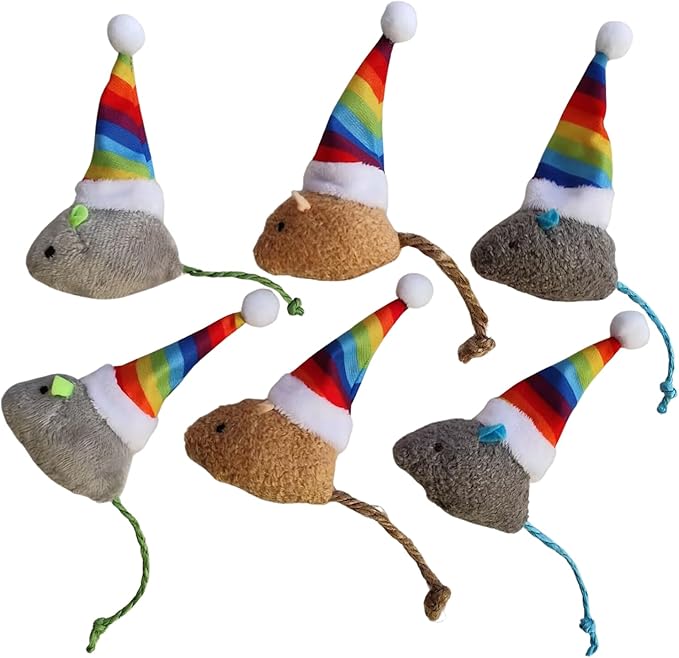 Christmas Catnip Cat Mice Toys with Rainbow Santa Hats Interactive Cat Toys for Indoor Cats Kittens, Christmas Thanksgiving Cat Toy Gift, 6-Pack