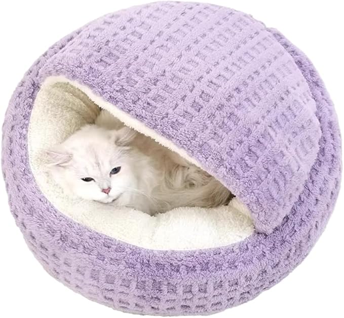 Plush Cat Bed Hooded Semi Enclosed Shell Shaped Pet Nest Cozy Warming Anti-Slip Small Dog Bed for Puppy and Kitten (Purple, Medium)