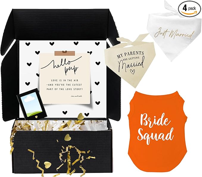 Dog Bridal Wedding Gift Box – 2 Cotton Bandanas (My Parents are Getting Married, Just Married) 1 Bride Squad Dog Tee & Magnetic Photo Frame 2.5" x3,5|Orange, X-Large 40