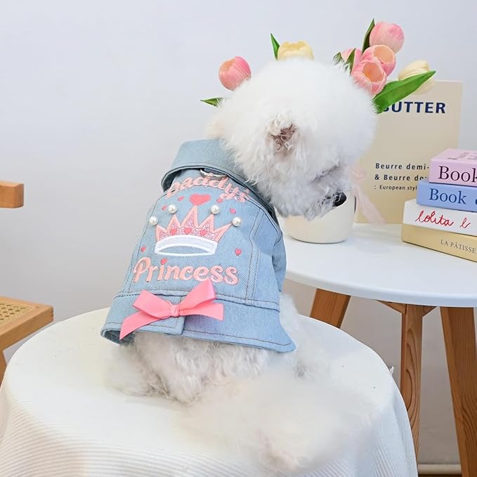 Denim Dog Jacket for Small Dogs & Cats, “Daddy’s Princess” Embroidered Pet Coat with Pearls & Bow, Light Blue Jean Outfit with D-Ring, Cute Apparel for Walks, Photos, Parties & Holidays(XL)