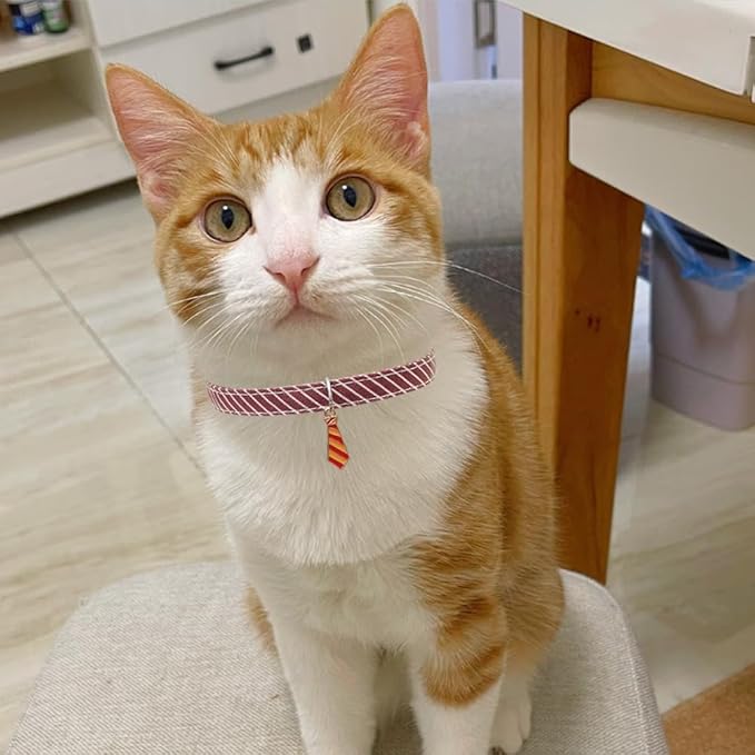 2 Pack Cotton Cat Kitten Collar with tie Accessories, Classic Stripes Cute Cat Collar for boy Girl Cats, Adjustable 7.8-12.2in Kitten Collars for Wedding Formal Party Red & White