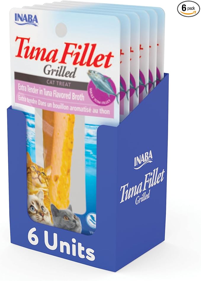 INABA Premium Hand-Cut Grilled Tuna Fillet Cat Treats/Topper with Vitamin E and Green Tea Extract, 0.52oz. Each, Pack of 6, Extra Tender Tuna Broth