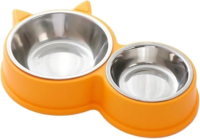 Puppy Kitten Feeding Supplies Two Pets Bowls Dog Food Drinker Stainless Steel Pet(Yellow)
