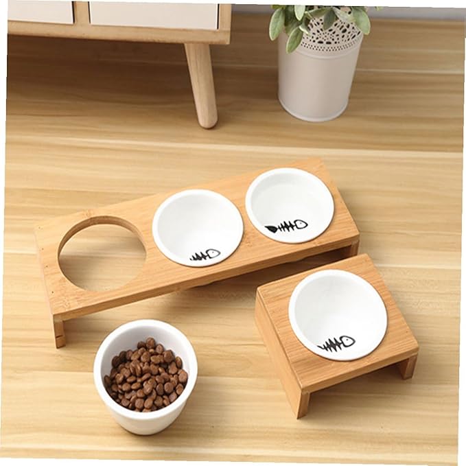 Elevated Frame Cat Food Bowl Set with 3 Ceramic Bowls for Cats and Dogs Multi-Function Pet Feeding and Watering Dish Wear-Resistant for Indoor and Outdoor Use