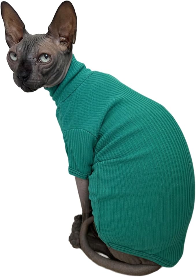 Sphynx Hairless Cats Shirt Cotton Cat Turtleneck Sweater Pullover Kitten T-Shirts with Sleeves Cat Pajamas Jumpsuit for Sphynx Cornish Rex, Devon Rex, Peterbald (Large (Pack of 1), Peacock Green)
