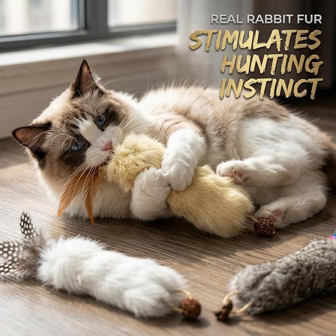 Cat Toys with Real cat Fur Feather,6pcs Kitten Catnip Toy Gall Fruit Treat & Crinkle Paper for Kicking Teeth Cleaning & Stress Relief for Indoor Cats Interactive Christmas Birthday Gift
