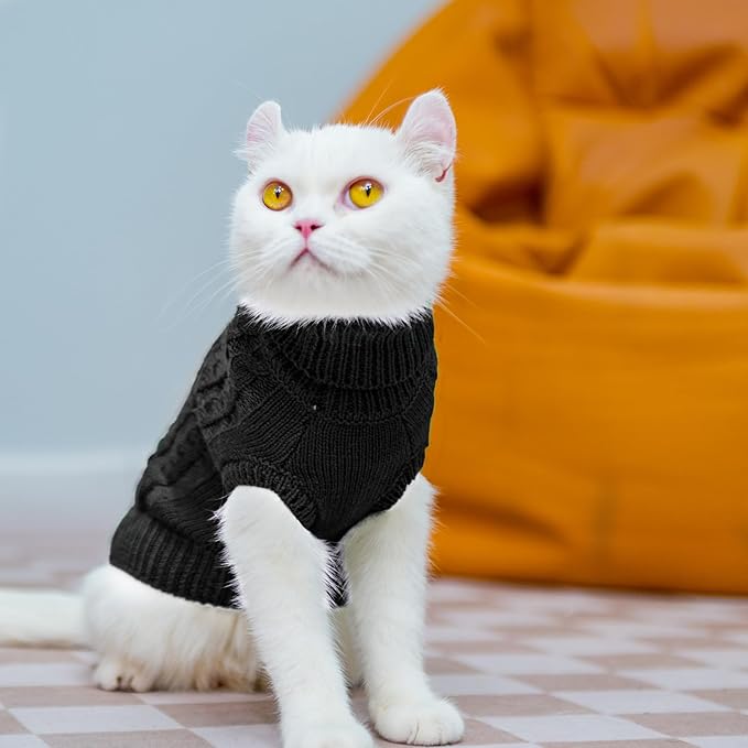 PUPTECK Winter Cat Sweater Coat - Soft Warm Cold Weather Clothes Knitwear for Kittens & Small Dogs Indoor Outdoor Wearing, Knitted Classic for Doggies Kitties Girls Boys, Black, L